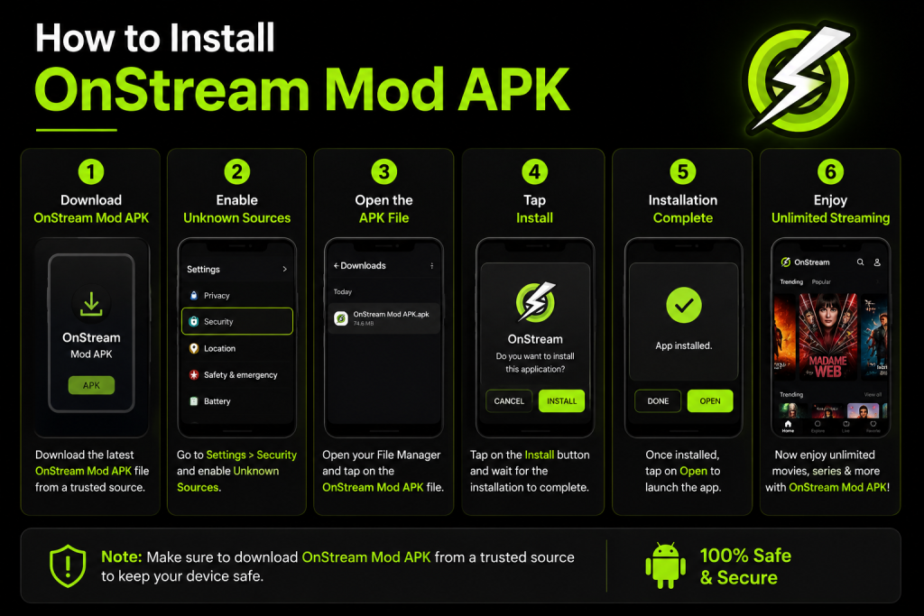 Installing the APK manually takes only a minute.Enable Unknown SourcesGo to:Settings → Security → Install Unknown AppsAllow permission for your browser or file manager.Open APK FileLocate the downloaded APK file and tap it.Start InstallationPress Install and wait for the process to finish.Launch the AppHow to Install On Stream Mod APK